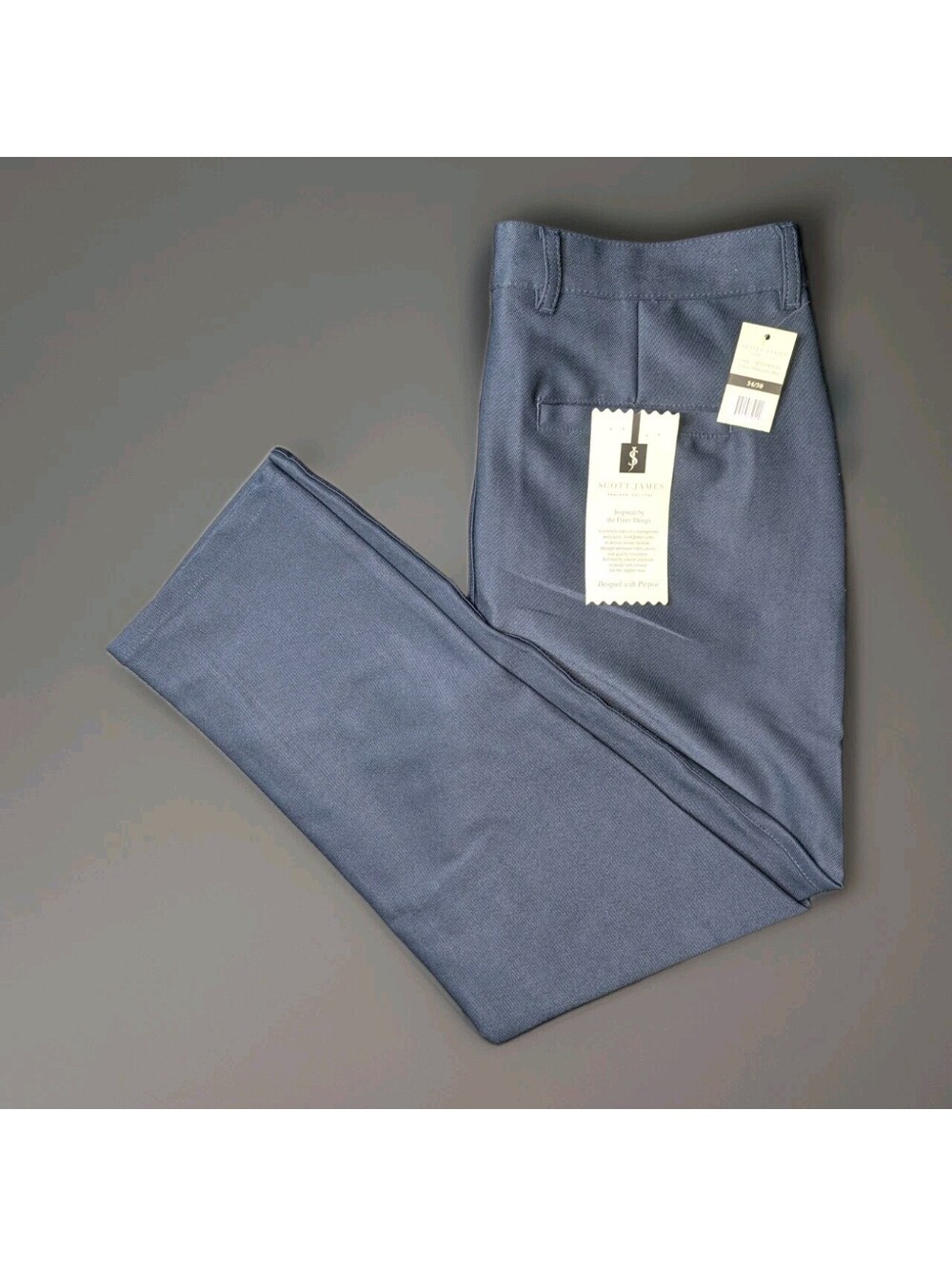 Scott James Men Blue Solid Slim Fit Stretch Casual Pants Size 34X30 New